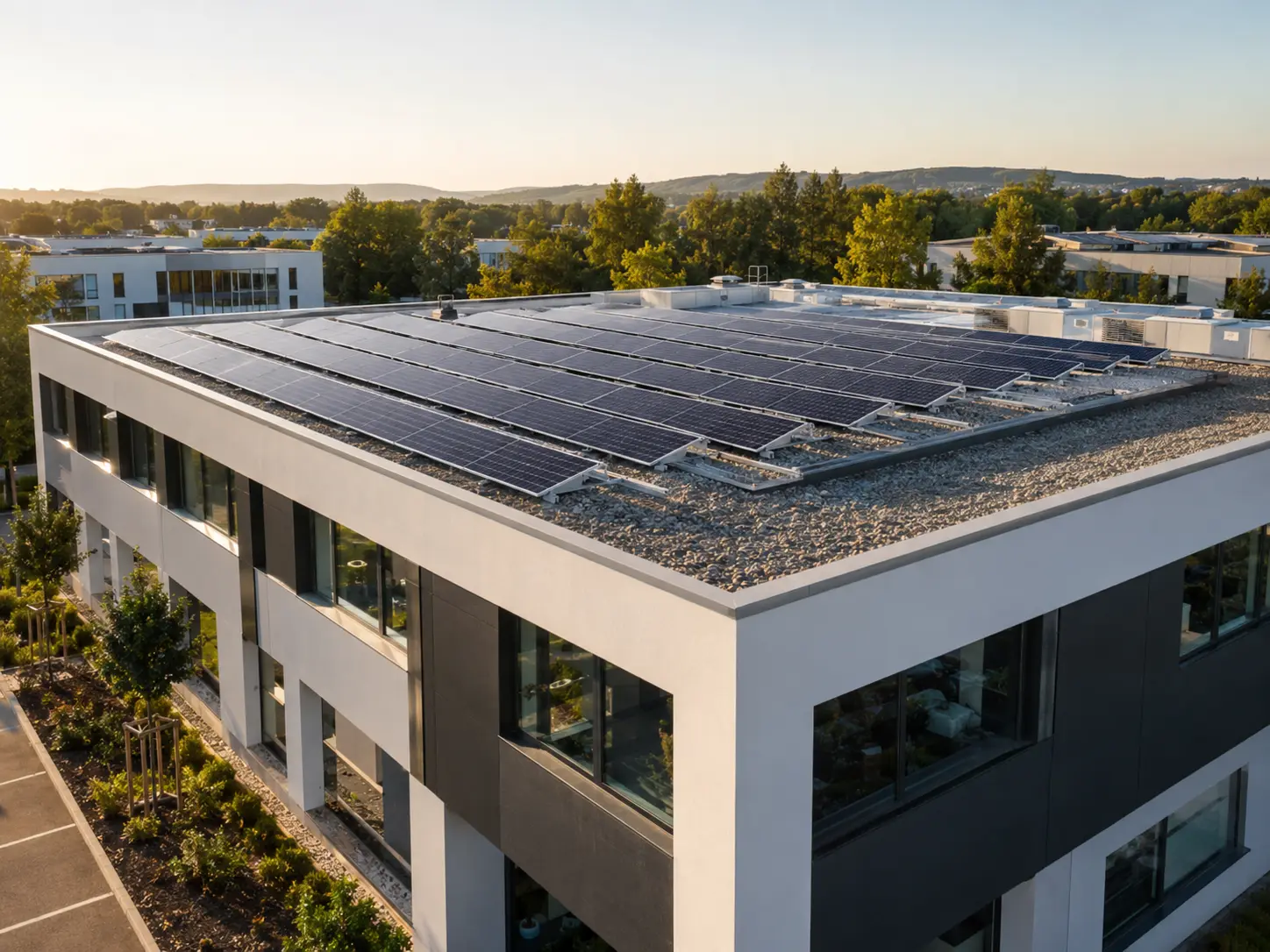 Solar panels installed on a commercial rooftop